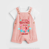 My First Valentine's Day - A Love Worth Celebrating Customized Dungaree Set For Kids With Name - PEACH - 0 - 5 Months Old (Chest 18")