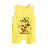 My First Vishu Madhavi Personalized Baby BUTTON ROMPER – Malayalam Vishu Design Outfit - PASTEL YELLOW - New Born (Chest 18")
