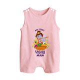 My First Vishu Mithra Personalized Baby BUTTON ROMPER – Krishna Vishu Theme Outfit - BABY PINK - New Born (Chest 18")