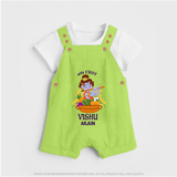 My First Vishu Mithra Personalized Baby DUNGAREE – Krishna Vishu Theme Outfit - GREEN - 0 - 5 Months Old (Chest 18")