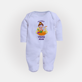 My First Vishu Mithra Personalized Baby FULL BODY SUIT – Krishna Vishu Theme Outfit - BABY BLUE - New Born (Chest 7.5")