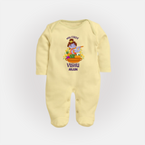 My First Vishu Mithra Personalized Baby FULL BODY SUIT – Krishna Vishu Theme Outfit - PASTEL YELLOW - New Born (Chest 7.5")