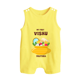 My First Vishu Pavithra Personalized Baby BUTTON ROMPER – Traditional Vishu Pot Outfit - PASTEL YELLOW - New Born (Chest 18")