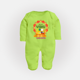My First Vishu Saranya Personalized Baby FULL BODY SUIT – Festive Vishu Mandala Outfit - LIME GREEN - New Born (Chest 7.5")