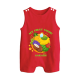 My First Vishu Baby BUTTON ROMPER – Vishu Fruits & Kani Theme - RED - New Born (Chest 18")