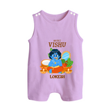 My First Vishu Baby BUTTON ROMPER – Baby Krishna Vishu Theme - LILAC - New Born (Chest 18")