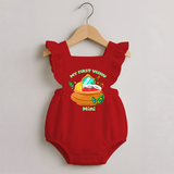 My First Vishu Baby ROMPER FROCK – Vishu Kani Pot & Mirror Theme - RED - 0 - 3 Months Old (Chest 19")