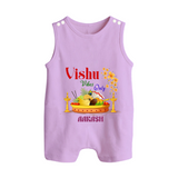 Vishu Vibes Only Baby BUTTON ROMPER – Traditional Vishu Kani Theme - LILAC - New Born (Chest 18")