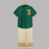 Vishu Wishes Baby SHIRT AND DHOTI – Malayalam Typography Kani Theme - DARK GREEN - 0 - 6 Months Old (Chest-23") (Dhoti length-14")