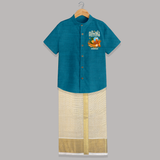 Vishu Wishes Baby SHIRT AND DHOTI – Malayalam Typography Kani Theme - PEACOCK BLUE - 0 - 6 Months Old (Chest-23") (Dhoti length-14")