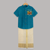 Vishu Feast Loading Baby SHIRT AND DHOTI – Festive Food & Kani Theme - PEACOCK BLUE - 0 - 6 Months Old (Chest-23") (Dhoti length-14")
