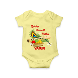 Golden Harvest Vishu Baby Romper – Krishna Flute & Festive Theme - PASTEL YELLOW - New Born (Chest 14")