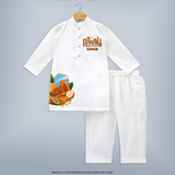 Vishu Wishes Kids KURTA – Malayalam Typography Festive Wear - WHITE - 3 - 6 Months Old (Chest 24", Kurta Length 14'', Waist 19", Pant Length 14")