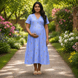 Sky Blue Pineapple Print Maternity Dress – Soft Cotton Everyday Comfort Wear
