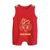 Aries Ram Zodiac Symbol Printed Button Romper - RED - New Born (Chest 18")