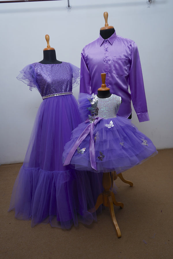 Lavender Pleated Gown ,Satin Shirt, Frills Baby Dress With Silver Foiled Butterflies And Sequence Family Combo