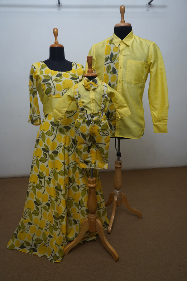 Lemon yellow Printed Georgette With Raw Silk Family Combo