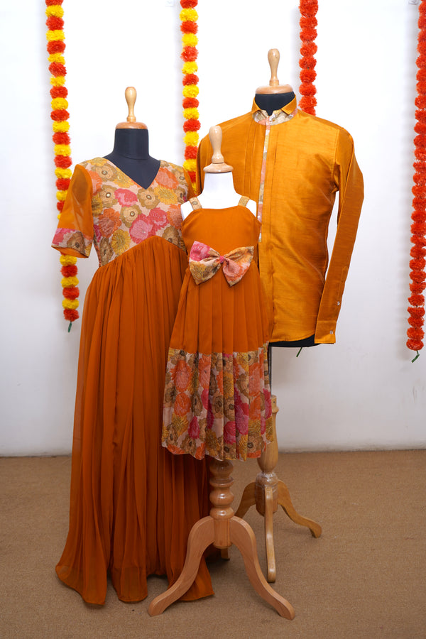 Mustard Yellow Georgette With Printed Organza And Raw Silk Family Combo