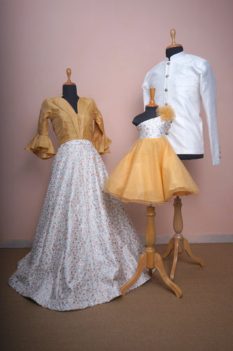 Golden Yellow and Floral White Family Matching Outfits – Graceful Celebration Ensemble