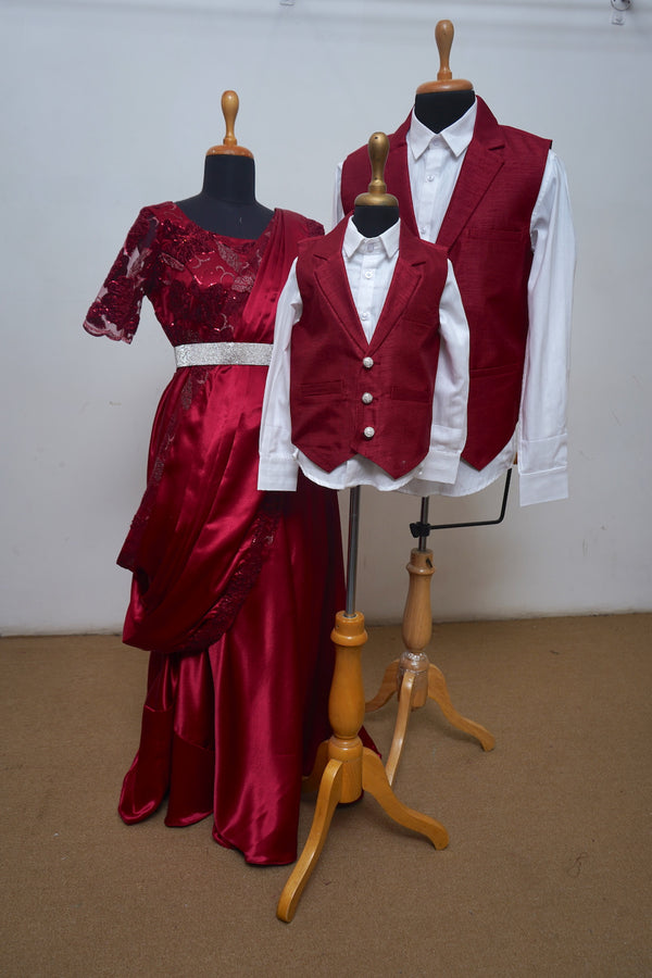 Red Wine Saree Gown With Satin ,Fancy Net And Waist Coat With Raw Silk Family Combo