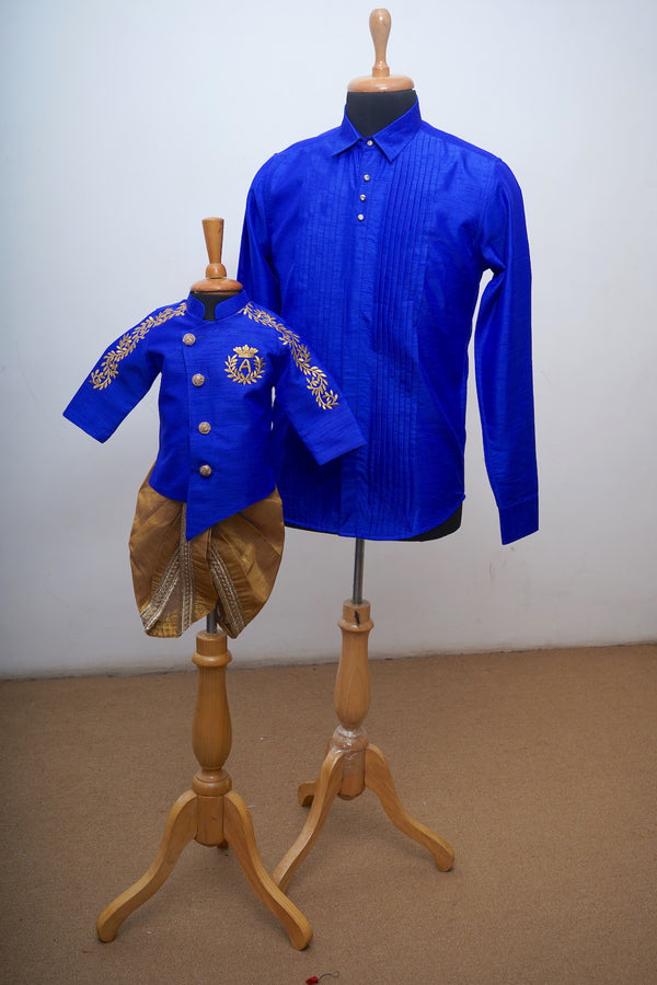 Traditional Royal Blue Pleated Shirt With Kurta Set Dad Son Combo