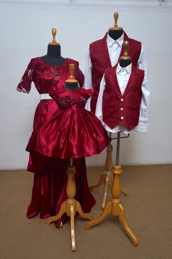 Red Wine Saree Gown ,Ball Gown,Waist Coat With Fancy Net,Satin And Raw Silk Family Combo
