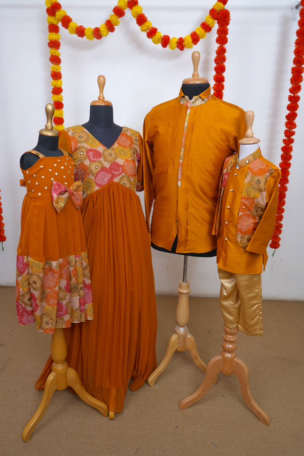 Mustard Yellow Georgette With Printed Organza And Raw Silk Family Combo