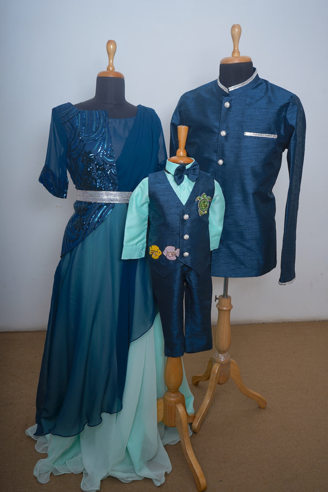 Teal Blue Family Matching Outfits – Silk and Sequin Coordinated