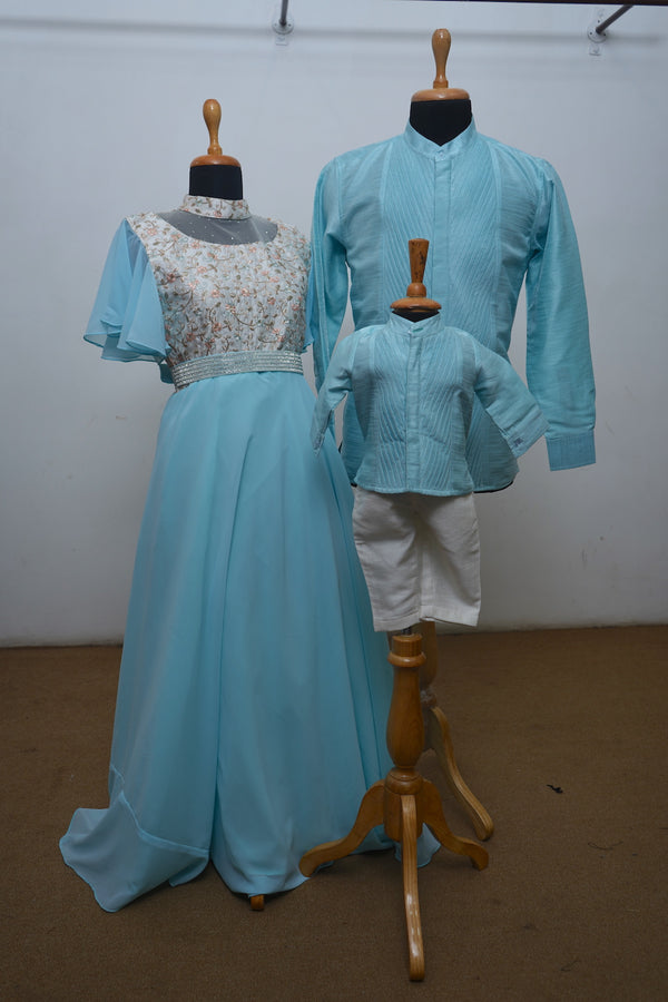Sea Blue Raw Silk And Georgette With Brocade Family combo