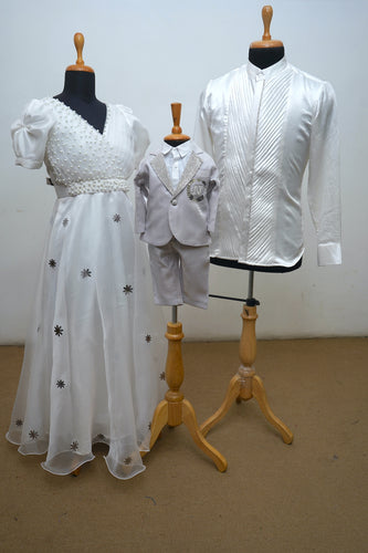 Elegant White Family Matching Outfits – Pearl Embellished Gown, Textured Shirt, and Royal Suit