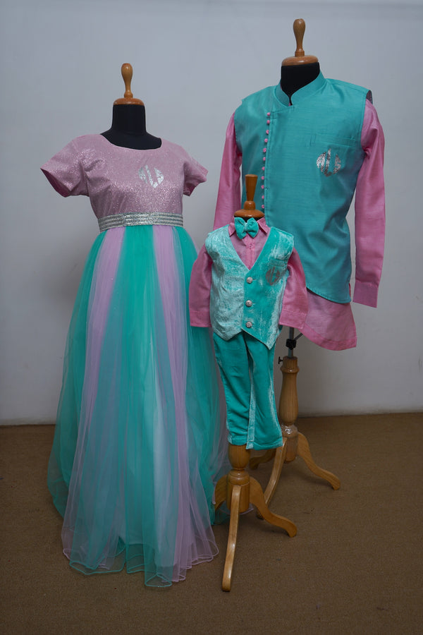 Teel Blue ,pink Sequenced Dress And Designer Waist Coat Set Family Combo
