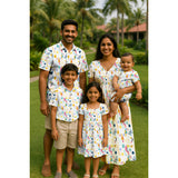 "Birds & Blooms Family Outfit Set – coordinated bird, butterfly, and floral print outfits for dad, mom, boy, girl, and baby"