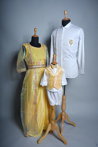Pastel Yellow and White Royal Family Outfit Set – Floral Gown, Crest Shirt & Baby Waistcoat Combo