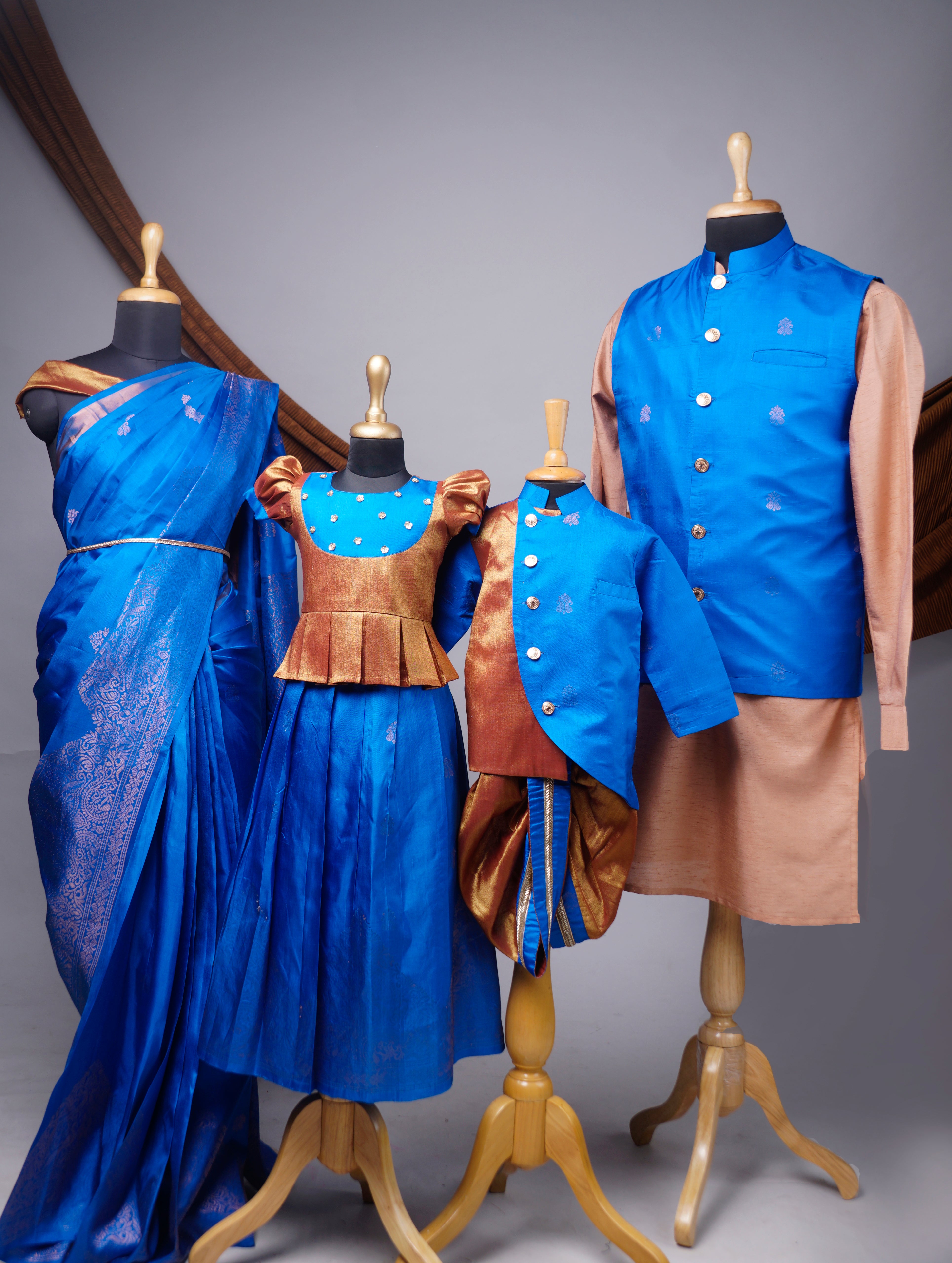 Royal Blue & Copper Silk Family Outfit Set – Saree, Kurta, Frock & Dhoti –  Anveshana Clothing