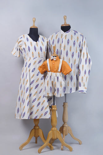 Ikat Print Family Matching Set – Ethnic White & Mustard Combo for Mom, Dad, and Baby Boy