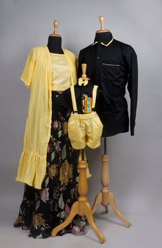 Elegant Yellow & Black Floral Family Matching Outfit – Mom, Dad & Baby Boy Set