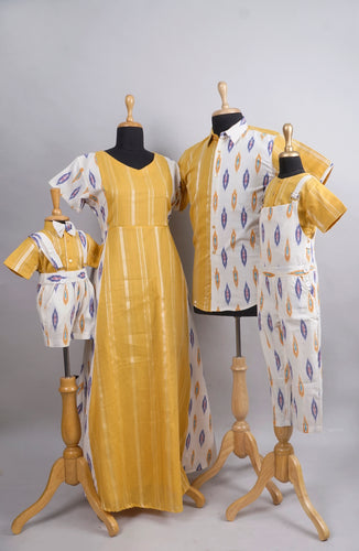 Mustard Yellow & Ikat Print Family Matching Set – Stylish Co-ords for Mom, Dad & Kids