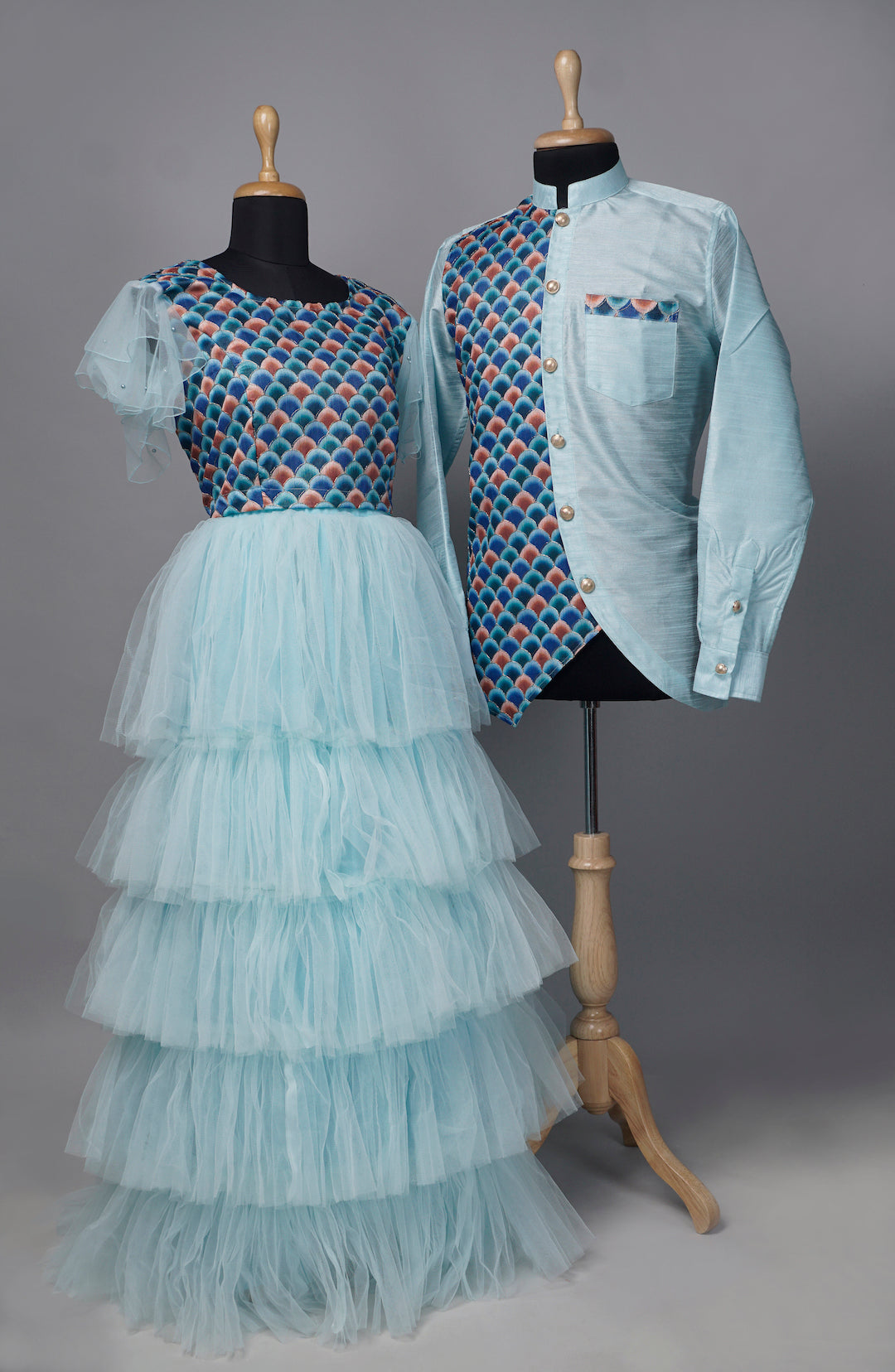 Blue Fishscale Fabric with Light Blue Couple Combo Matching Set