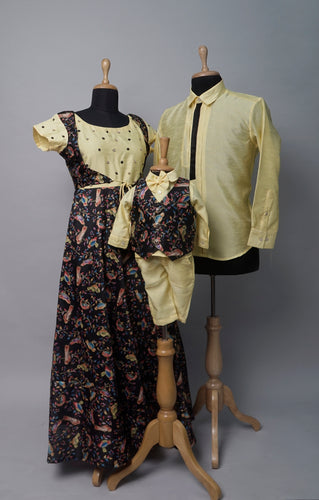 Yellow and Black Parrot Print Family Matching Ethnic Set – Elegant Festive Look