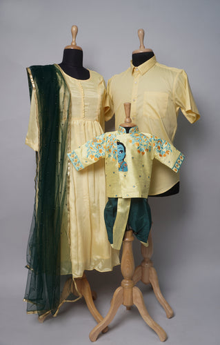 Embroidered Krishna Family Matching Outfit Set – Yellow & Green Festive Edition