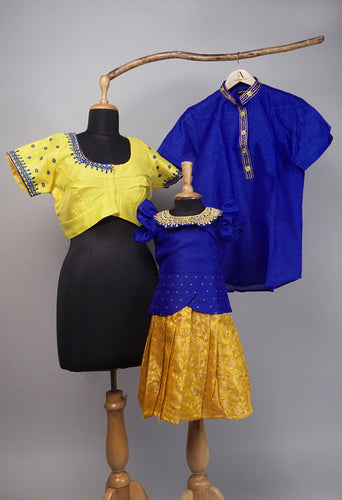 Vibrant Yellow & Royal Blue Ethnic Family Outfit – Traditional Twinning Set for Mom, Dad & Daughter