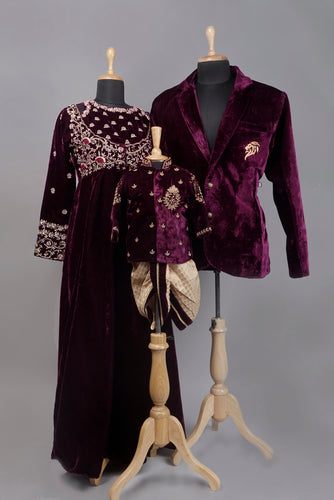 Regal Plum Velvet Family Outfit – Royal Coordinated Look for Dad, Mom & Son