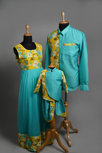 Teal Blue & Yellow Floral Coordinated Family Outfit – Dress, Shirt & Dhoti Set