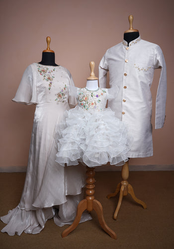 Ivory Floral Embroidered Family Twinning Set – Gown, Sherwani Kurta & Baby Ruffle Dress Combo