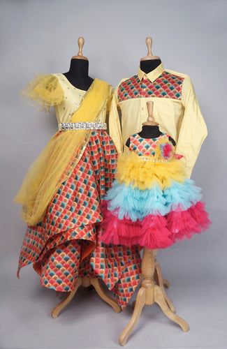 Multicolor Carnival-Themed Family Outfit Set – Yellow Tulle and Fish-Scale Print