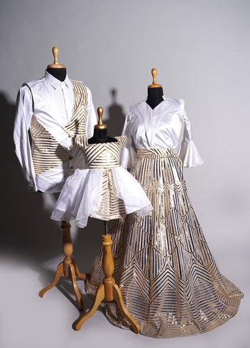 White & Gold Royal Family Outfit – Glamorous Matching Set for Special Occasions