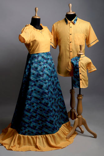 Mustard & Teal Woven Jacquard Family Matching Outfit Set – Ethnic Combo for Parents & Son