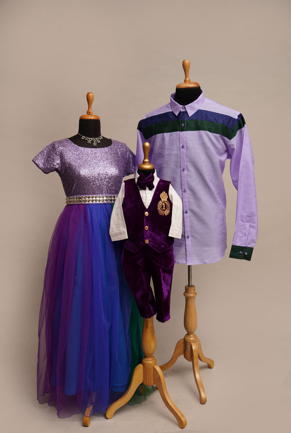 Lavender Sequin and Rawsilk and Multi Colour net with Dark Purple Velvet Speacial Crown work in Family Clothing