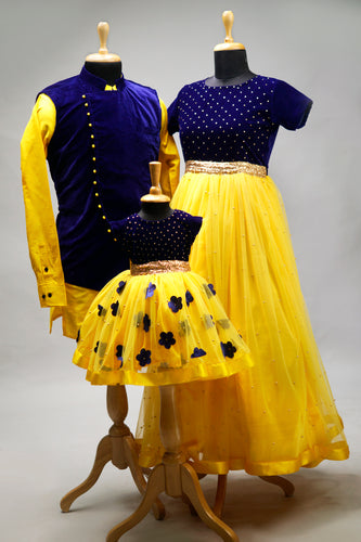 Royal Blue & Yellow Velvet Family Outfit Set – Festive Glam in Every Frame