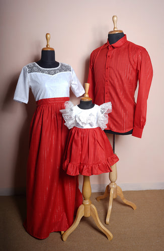 Red & White Family Co-Ord Set – Elegant Lace Blouse, Red Shirt & Baby Ruffle Frock Combo